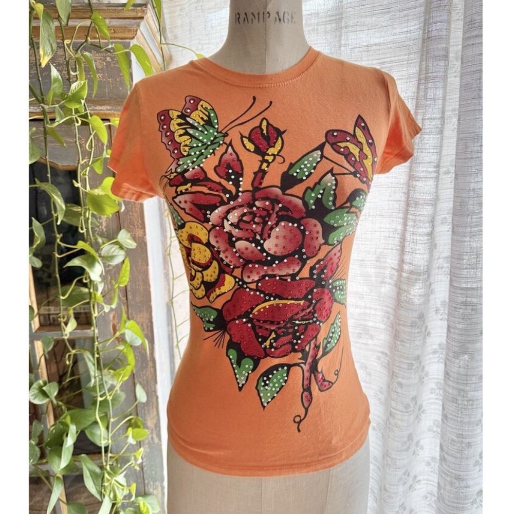 Vtg 90s Y2K Babydoll Tee Bling T Shirt Grunge Tattoo Butterfly Rose Indie Jr M